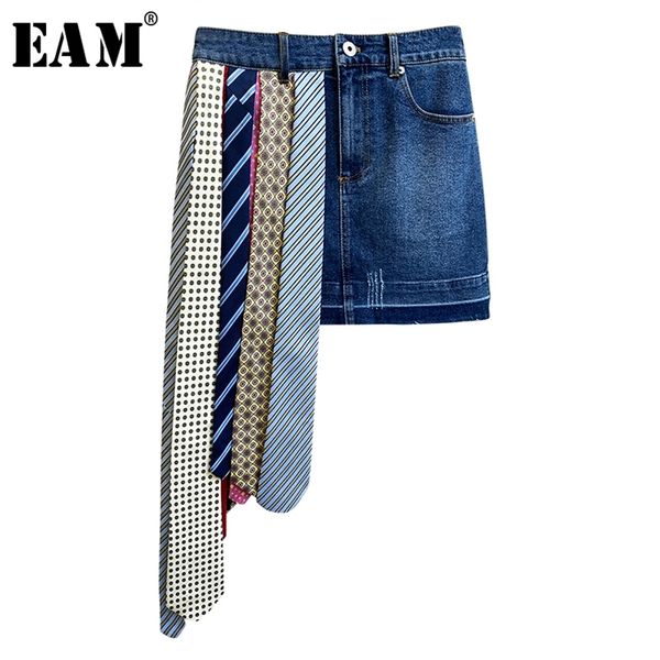 

[eam] high waist blue pattern printed ribbon denim irregular half-body skirt women fashion tide new spring summer 1y789 210311, Black