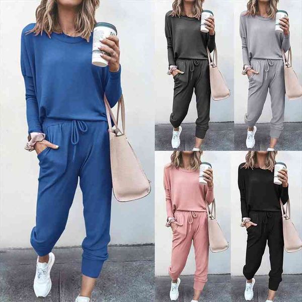 

women long sleeve o neck blouse drawstring pockets pants sports tracksuit womens clothing, White