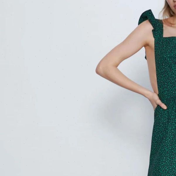 

za women dress green floral print ruffled hollow out vest chic ladies elegant female maxi dress, Black;gray