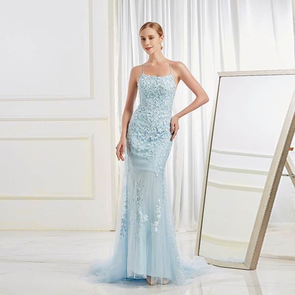 

party dresses sweet sky blue long prom straps tulle lace appliques crystals lce-up dress mermaid robe de soirÃ©e, White;black