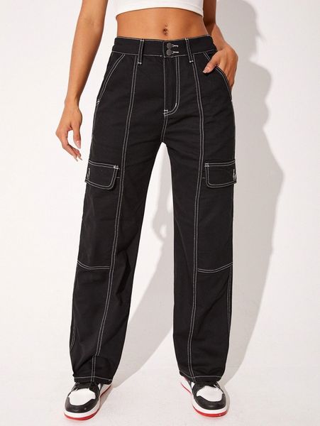 

contrast stitch flap pocket jeans z4h7#, Blue