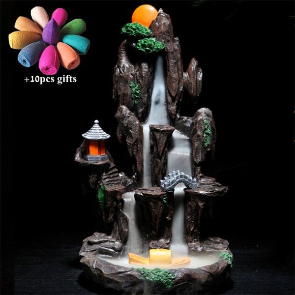 

resin mountain shape backflow incense burner smoke waterfall aromatherapy censer incense holder home decor + 10pcs cones