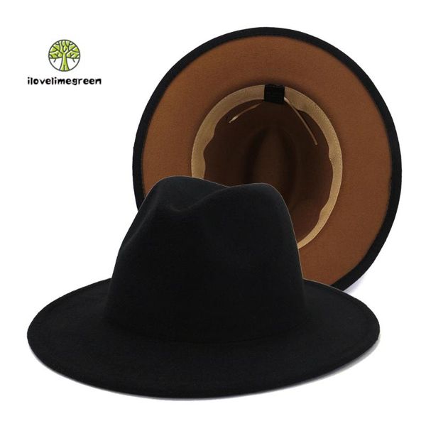 

wide brim hats 2021 sell black khaki patchwork fall winter jazz panama woolen felt fedora hat women men elegant, Blue;gray
