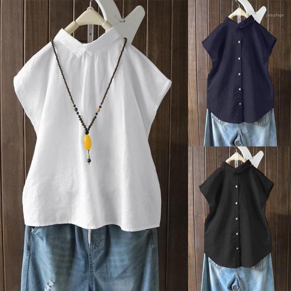 

women's blouses & shirts feitong solid color linen women casual button short sleeve shirt blouse v-neck loose female blusas, White