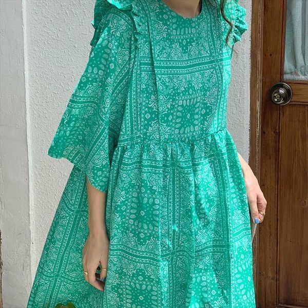 

[ewq] korea chic trendy women dresses fashion casual o neck printed splicing loose green midi dress with wooden ears summer, Black;gray