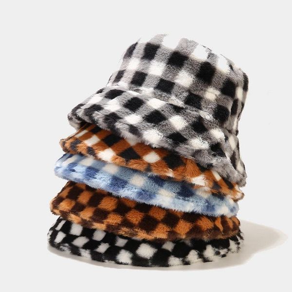 

wide brim hats winter plaid print faux fur fluffy bucket women outdoor warm sun hat soft velvet furly fisherman cap girl fashion panama, Blue;gray