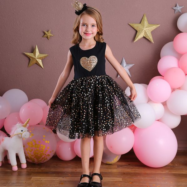 DXTON Kinder ärmelloses Spitzenkleid für Mädchen Partykleid Stern Pailletten Geburtstag Tutu Kleider Kinder Freizeitkleidung Sommer Vestidos 210303