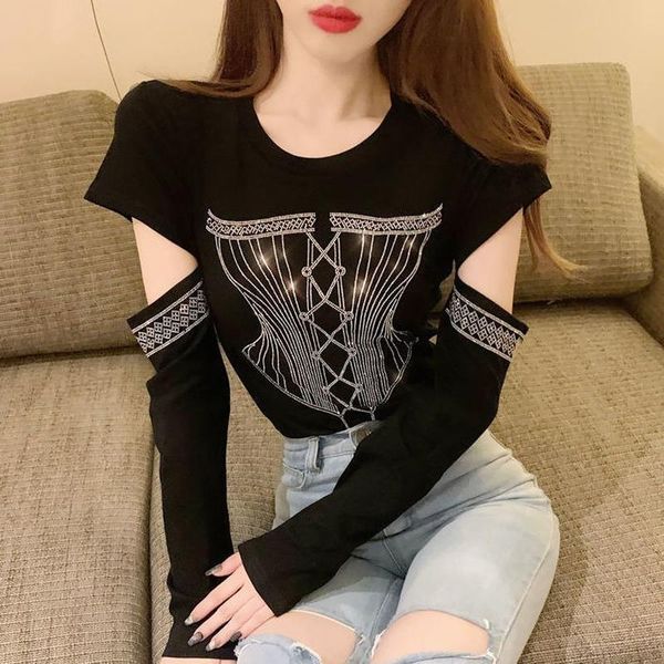 

women's t-shirt women black hollow out long sleeve bottoming shirt diamond-embedded inner fashionableladies for full sleeves, White