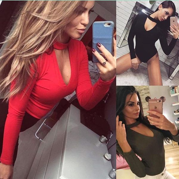 

2021 womens long sleeve bodysuit choker romper deep v neck bodycon body suit one piece fitness overalls for women, Black;white