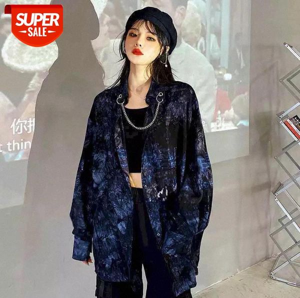 

Dark Gothic Blouse Men Shirt Women Loose-fit Tie-dye POLO Collar Iron Chain 2021 Korean Long-sleeved Shirt Punk Goth Vintage #ee4V, White