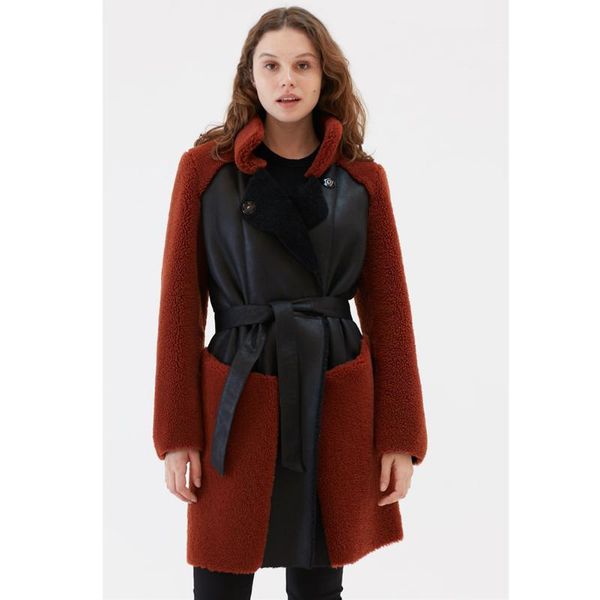 

women's leather & faux 2021 womens casual shearling coat turkey wool long fur jacket trench sheepskin, Black