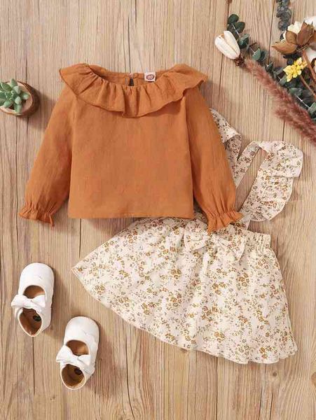 

baby ruffle trim keyhole back flounce sleeve blouse & ditsy floral bow front skirt she, White