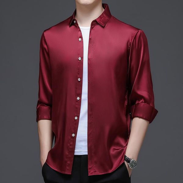 

men's casual shirts man pure color silk clothes spring leisure male office smooth long sleeve soft dress, White;black