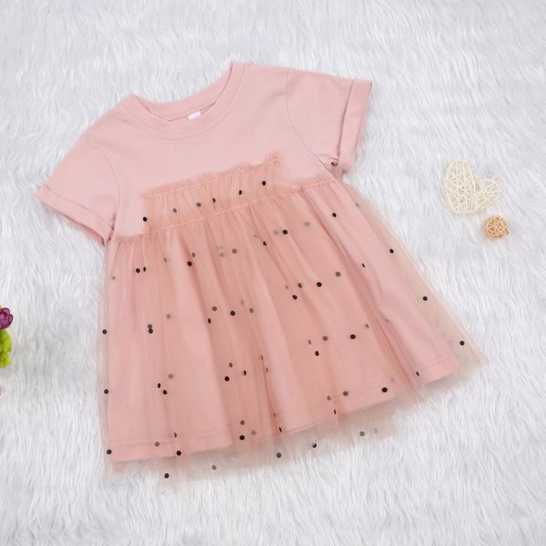

girls dress princess dot point tulle mesh patchwork short sleeve round neck dress for summer children birthday party, Red;yellow