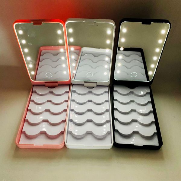 Specchio per trucco portatile con luce a LED da donna con custodia per ciglia Organizer Specchi touch screen pieghevoli 5 paia Vassoio per ciglia Scatola portaoggetti Lampada a 12 LED Strumenti per il trucco da viaggio