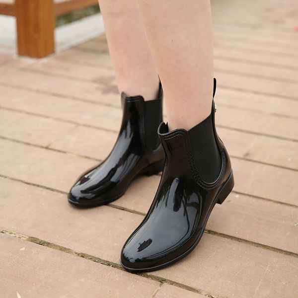 

omens rainboots waterproof single shoes woman mud water shoes rubber slip on pvc elastic ankle boots fashion rain boots, Black;white