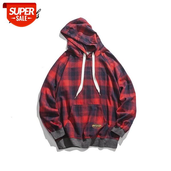 

japanese style vintage fashion brand embroidery letter pullover men's hooded sweatshirt hip hop autumn casual plaid male hoodies #t78z, Black