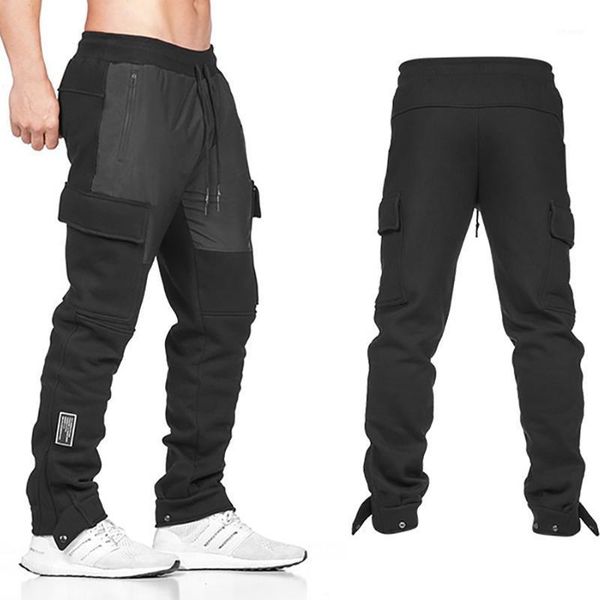 

men's pants cargo men fashion multi pockets sports loose work trousers clothing streetwear straight sweatpants, Black
