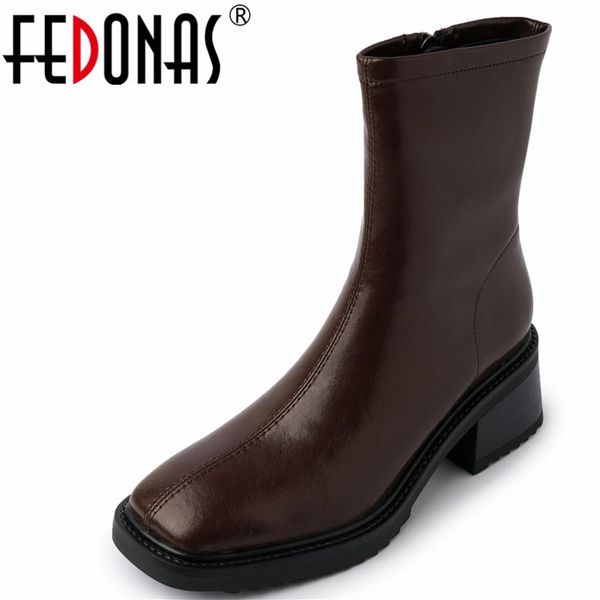 

boots fedonas 2021 autumn winter women ankle concise full genuine leather office lady casual side zipper thick heels shoes woman, Black