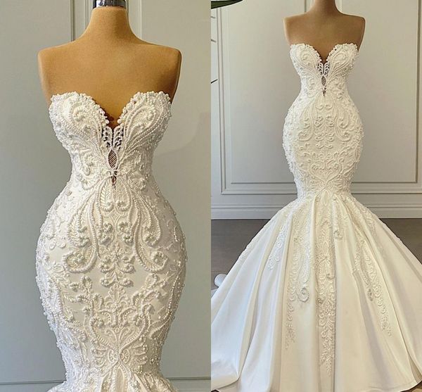 

luxury mermaid bride gowns sweetheart tulle lace crystal pearls wedding dresses women custom made robe de mariÃ©e, White