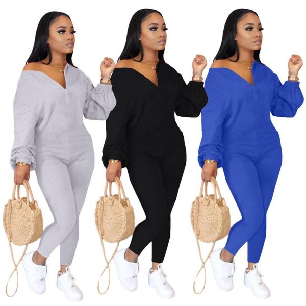 

women's jumpsuits & rompers hhdmv 2021 summer women fashion street casual style long sleeve round neck zipper pure color pants, Black;white