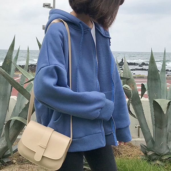 

2021 new casual long sleeve solid zip-up sweatshirts korean loose women harajuku plush coats bf hoodies outwear 4h71, Black