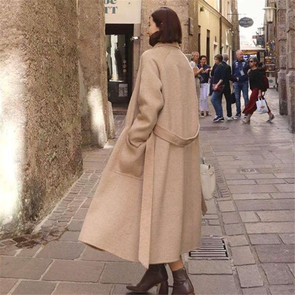 

women's wool & blends johnature winter korean woll long warm coat women 2021 solid color turn-down collar bandage pockets coats, Black