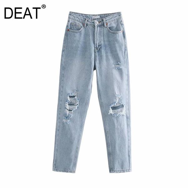 

women's jeans [deat] women high street hole straight leg pants waist solid color loose tide fashion 2021 autumn spring 13c166, Blue