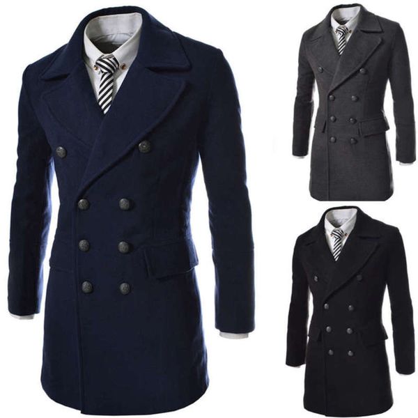 

autumn and winter casual leather collar splicing double breasted medium length tweed men's thickened coat, Tan;black