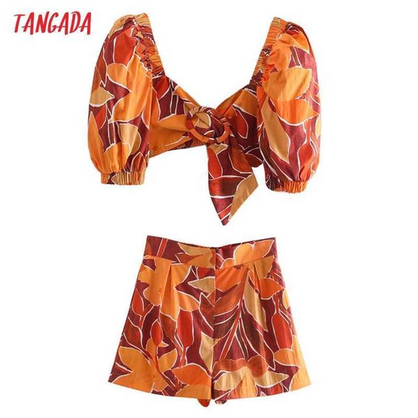 

tangada women tracksuit two piece set retro floral print crop shirt and shorts for summer je70 210609, White