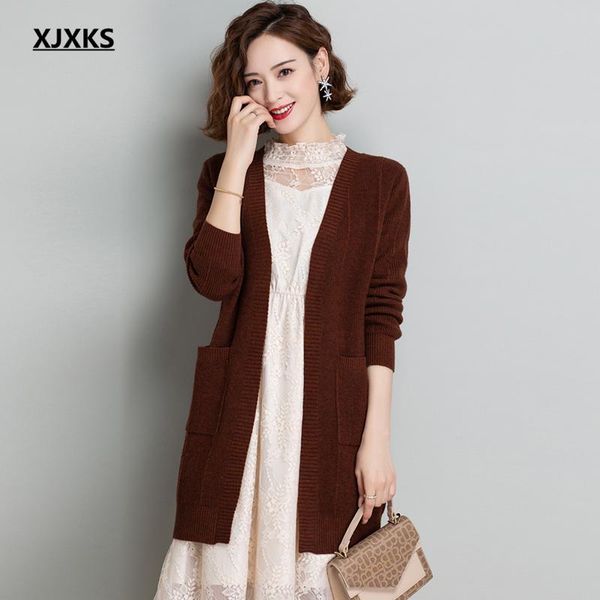 

women's knits & tees xjxks fashion v-neck knitted cardigan women sweaters 2021 spring autumn solid color all-match wool long coat, White