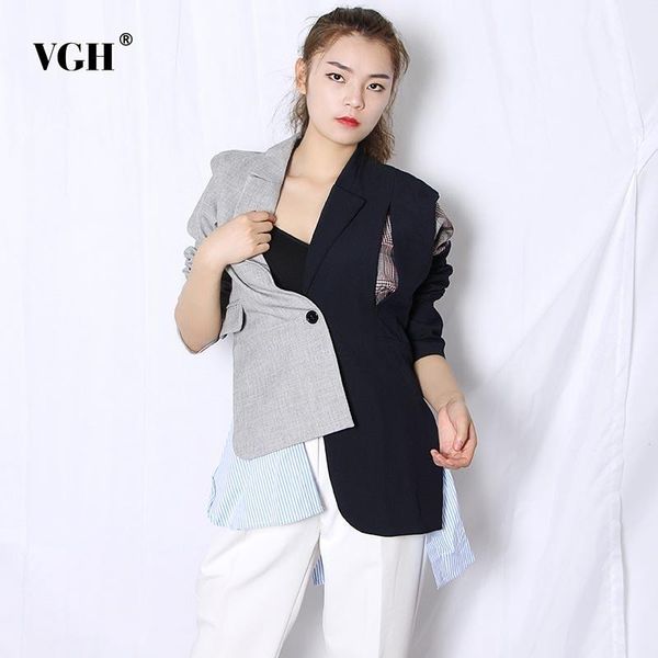 

vgh irregular patchwork blazer for women notched long sleeve ruched straight hit color casual blazers female fashion new clothes, White;black