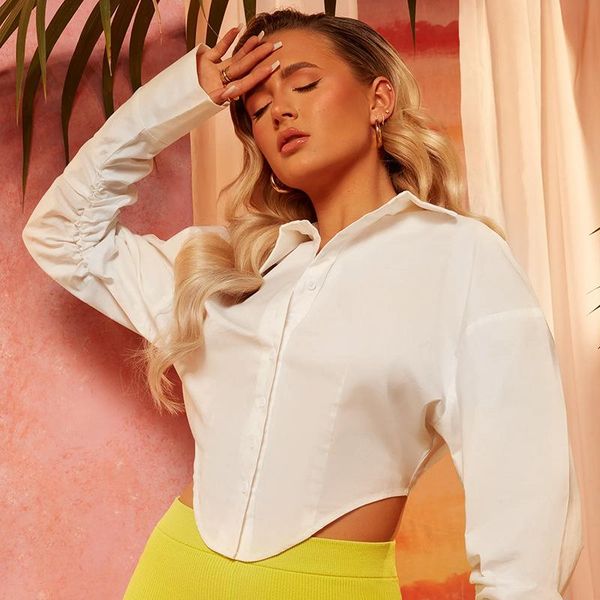 

women's blouses & shirts giyu white long sleeve buttons women fashion turn-down collar summer crop ladies ruched slim blouse cardi