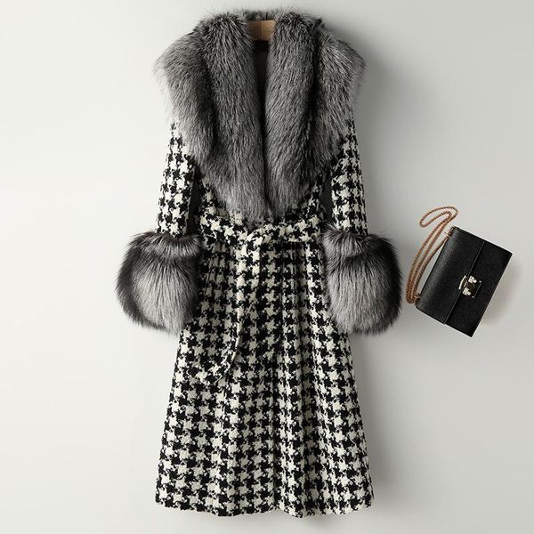 

women's fur & faux 100% real natural collar winter women long coat with belt super big silver lady, Black