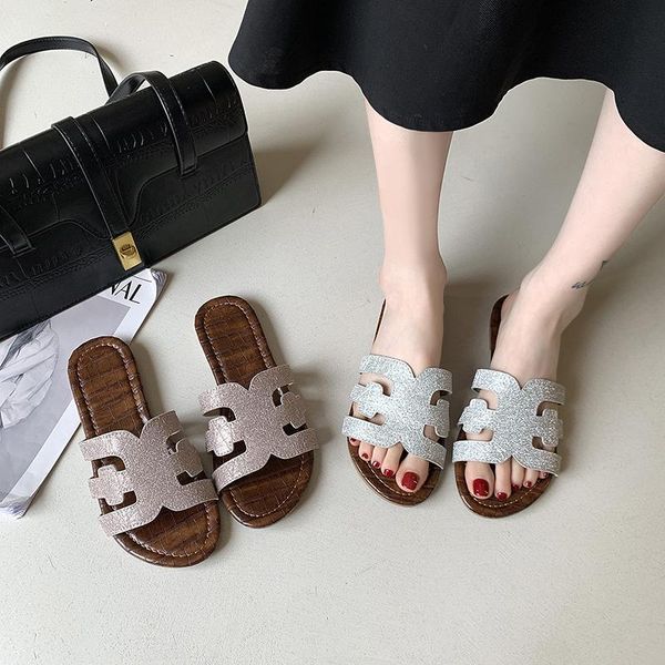 

slippers flip-flops women summer glitter solid color open toe sandals hollow out flat beach shoes zapatillas mujer, Black