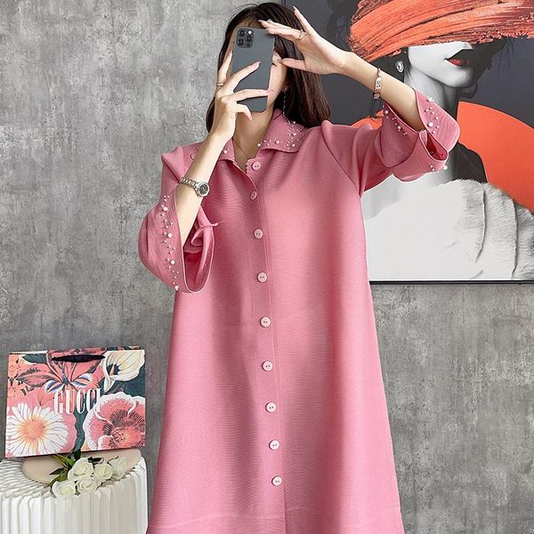 

casual dresses noble side lantern design beading decorate flare sleeve turn down collar single breasted a-line pleats issey dress, Black;gray