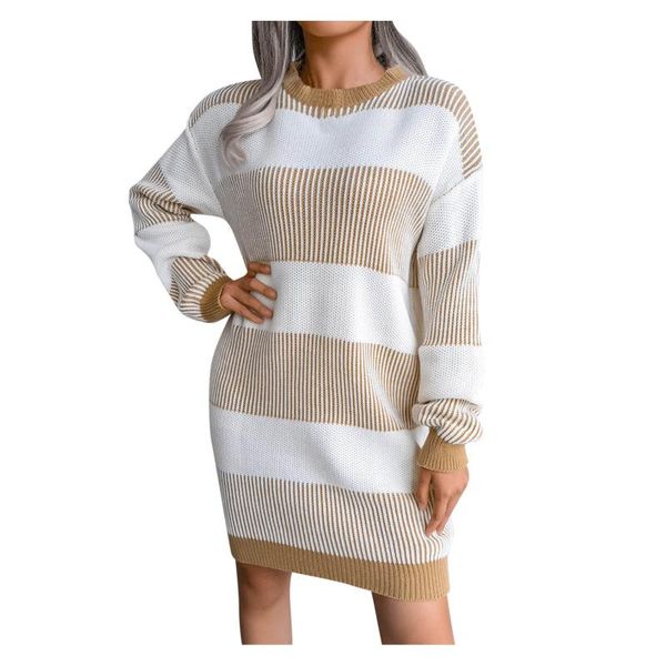 

women's sweaters o-neck patchwork long sleeve loose knitted pullover sweater stripe printing pullovers elegant winter dress, White;black