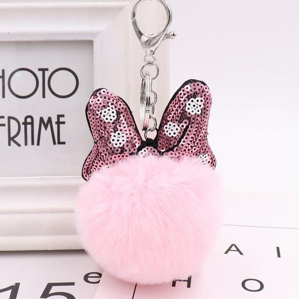 

keychains fashion sweet cute sequin bow fake fur ball key chain pompom rings girl women bag jewelry, Silver