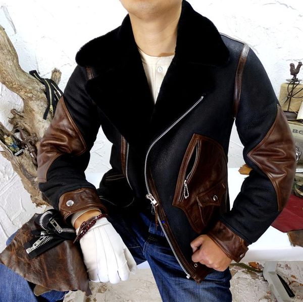 

men's leather & faux sheep fur one hit wax printing color red brown cowhide, Black