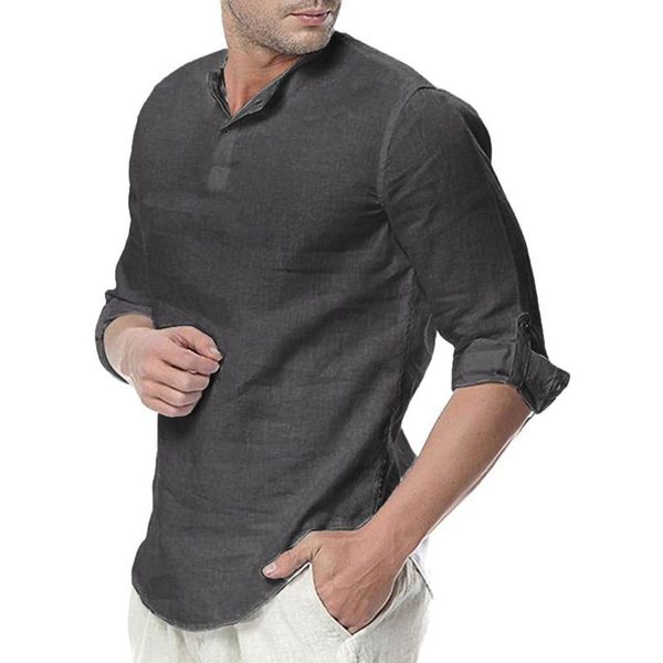 

men's casual shirts shirt fashion round neck sleeve solid color vintage personality street stand-up collar cotton linen top, White;black