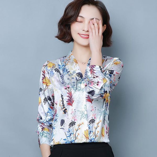 

spring korean fashion silk women blouses satin print womens blouses plus size xxxl office lady long sleeve women shirts, White