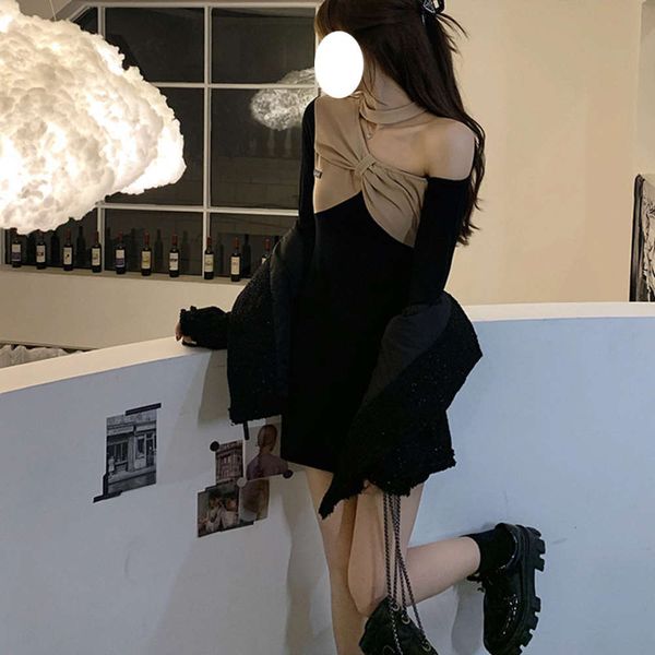 

autumn thin skirt dress dew shoulder, Black;gray