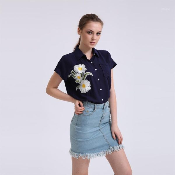 

dioufond floral appliques shirts women short sleeve white blouse turn down collar blouses summer ladies casual blusas 2021 women's &