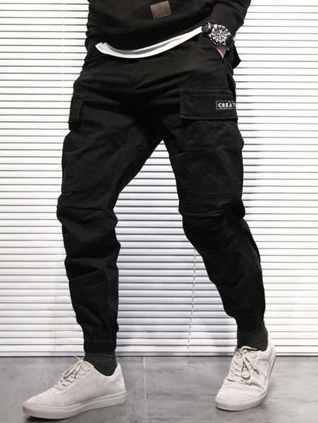 

men letter patched utility pocket drawstring waist joggers x7pf#, Black