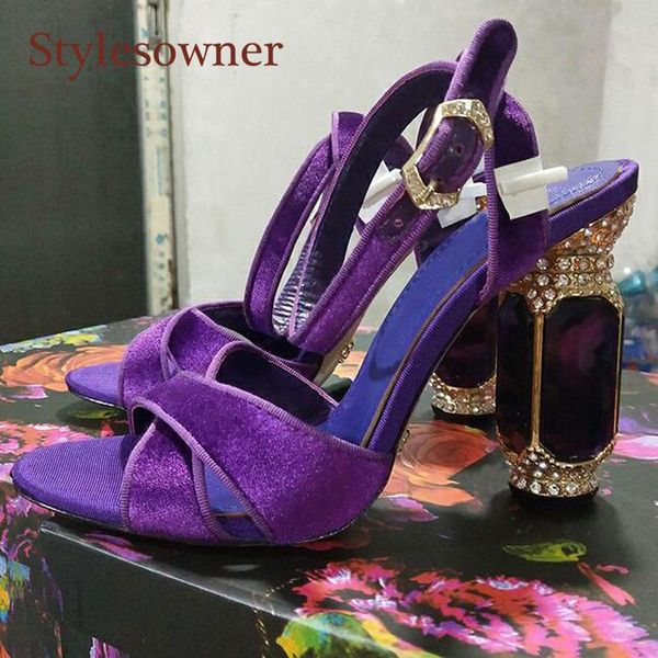 

sandals solid color open-toed silk velvet glass rhinestone heel hollow one-strip with sheepskin thick high heels, Black