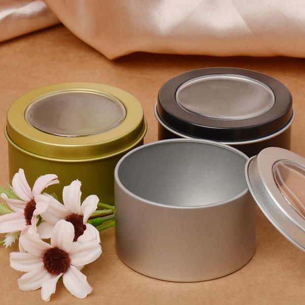 

gift wrap 100ml 3oz empty aluminum tin packaging box with window lid round tea container candle can storage jar black gold silver