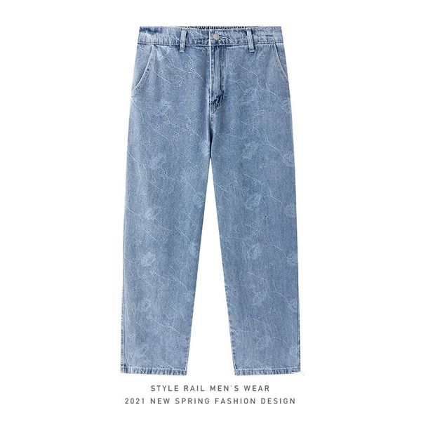 

men's jeans letter jacquard for men 2021 korean fashion trends clothing teens straight leg denim pant harajuku streetwear, Blue