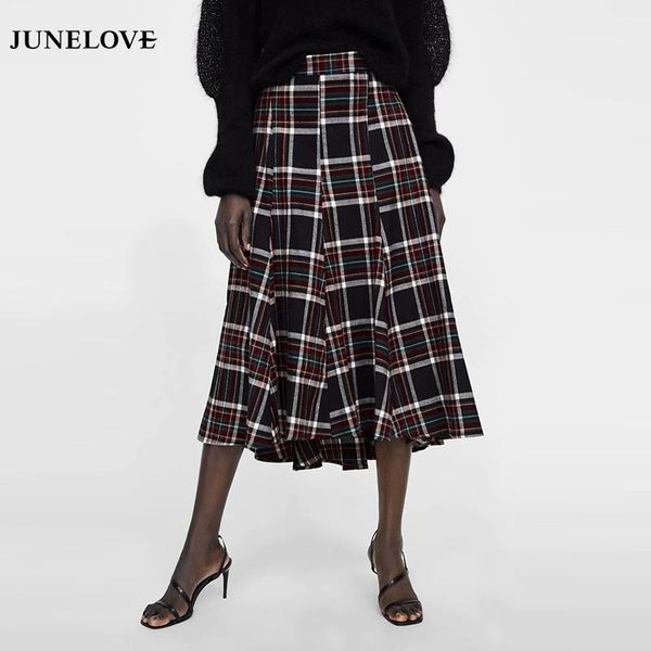 

skirts junelove women winter casual long maxi high waist vintage female asymmetrical retro lady fashion plaid, Black