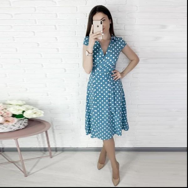 

casual polka dot print dress women summer v neck a line party dress short sleeve knee dress 2021 new fashion vintage, Black;gray