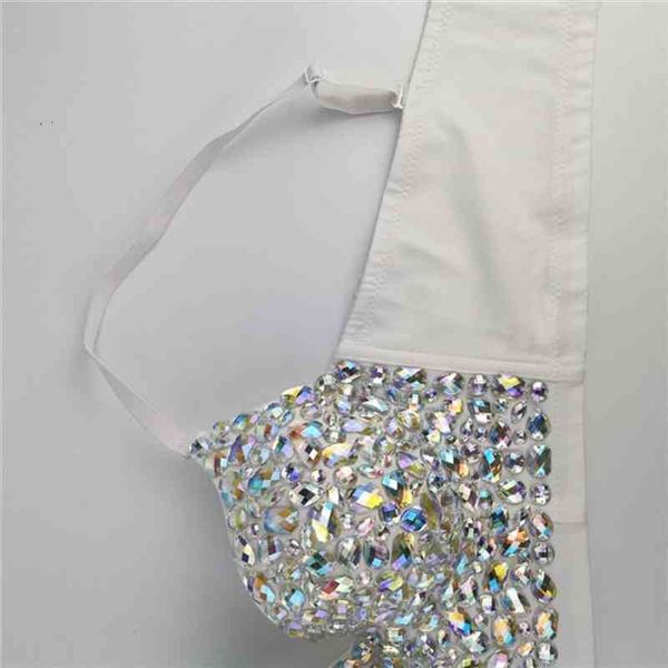

women ab colored rhinestone bustier crop spaghetti strap push up jewelry bralette glitter club corset bra sling, White